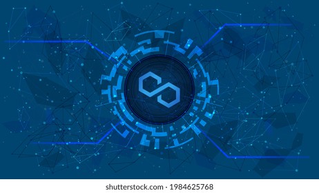 Polygon MATIC token symbol in digital circle with cryptocurrency theme on blue background. Cryptocurrency coin icon. Vector illustration.