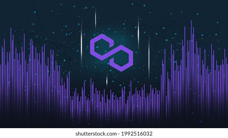 Polygon MATIC token symbol on dark polygonal background with wave of lines. Cryptocurrency coin logo icon. Vector illustration.