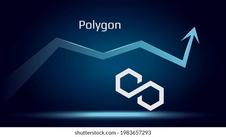 Polygon MATIC in uptrend and price is rising. Cryptocurrency coin symbol and up arrow. Flies to the moon. Vector illustration.