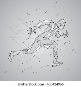 Polygon mesh silhouette of running man. Vector low poly black lines and dots structure. Polygonal sports background.