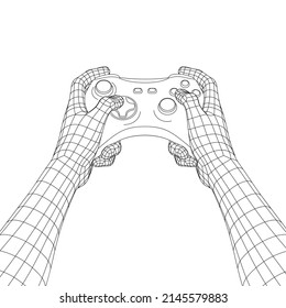 Polygon Mesh or Wireframe Hands Holding Gamepad