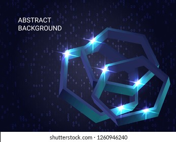 Polygon metal sparkle on background. Minimal geometric background. Abstract composition. 3D vector illustration . Blue three-dimensional polygon metal in space.