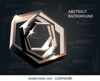 Polygon metal sparkle on background. Futuristic geometric background. Abstract composition. 3D vector illustration . Bronze three-dimensional polygon metal in space.