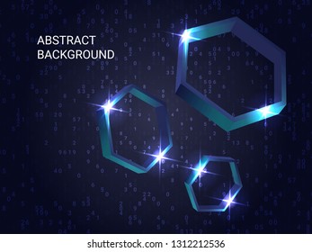 Polygon metal sparkle on background. Modern geometric background. Abstract composition. 3D vector illustration . Blue three-dimensional polygon metal in space.