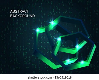 Polygon metal sparkle on background. Minimal geometric background. Abstract composition. 3D vector illustration . Green three-dimensional polygon metal in space.