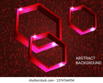 Polygon metal sparkle on background. Minimal geometric background. Abstract composition. 3D vector illustration . Red three-dimensional polygon metal in space.