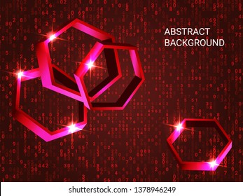 Polygon metal sparkle on background. Futuristic geometric background. Abstract composition. 3D vector illustration . Red three-dimensional polygon metal in space.