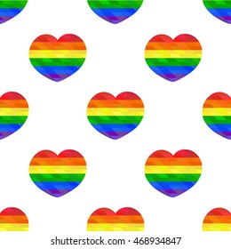 Polygon mosaic hearts seamless pattern. LGBT flag. Colorful vector illustration.