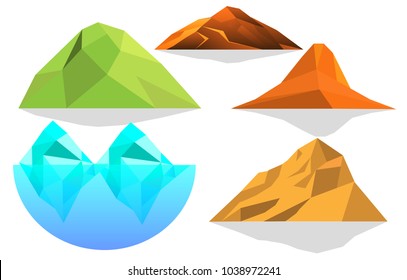 polygon mountain triangle set, green , ice bergs, stone mountains, are isolated with white background, forest ant nature concept, low poly effect, vector art and illustration.