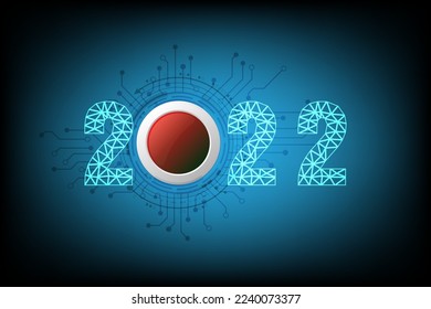 polygon numbers 2022 with a red button for shutdown year old and circuit board on vintage dark blue screen for technology background