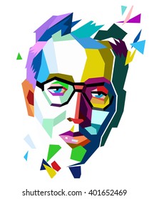 Polygon Origami Party Disco Hipster Man's Face In Glasses. Stock Vector Colorful Geometric Flat Graphics White Isolated. Modern Graphics Creative Poster Easy All Editable

