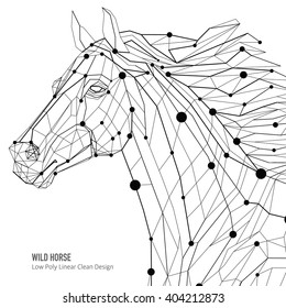 Polygon outline illustration of a horse head, geometrical triangles, low poly wire construction concept, linear connection