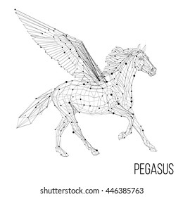 Polygon outline illustration of a Pegasus, geometrical triangles, low poly wire construction concept, linear connection