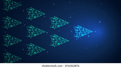 Polygon paper plane leadership concept with light blue paper plane leading among many light green plane on blue background. Innovative creative business concept futuristic vector illustration.