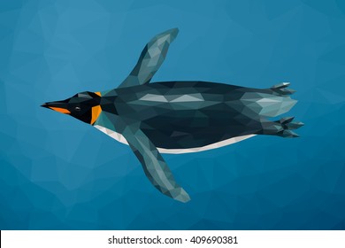 Polygon penguin swimming underwater. Low poly design. Abstract polygonal background.