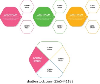 Polygon process color template diagram with 3 steps dan 4 slices diagram. Company team-building planning presentation design. Three connected polygons shapes for data infographic.