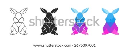 Polygon rabbit set, low poly geometric bunny illustration in different styles