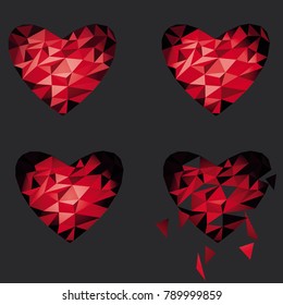 Polygon Red Broken Heart Icon For Valentine's Day. gray background.