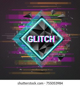 polygon rhombus banner, black banner in distorted glitch style on background glitch. Design element or logo for event advertising, branding, shares vector illustration.