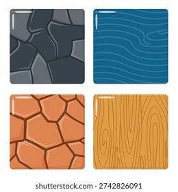 Polygon rock, ocean wave lines, cracked desert earth and wood plank textures, seamless vector tiles for game design, interfaces, printing