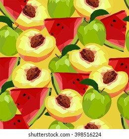 Polygon seamless with slices of watermelon, apples and peaches on the orange background, summer pattern
