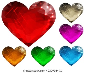 polygon set of glass hearts in different colors on a white background