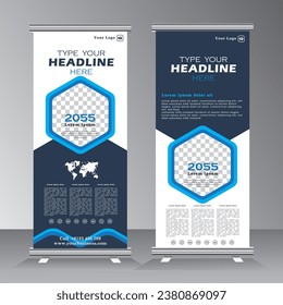 polygon shape roll up banner design with blue color, vertical banner template with image space, vector eps 10,