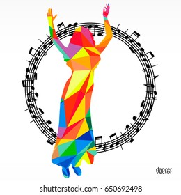 Polygon silhouette dancing human and melody circle, vector music battle party background.