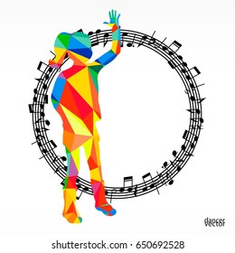 Polygon silhouette dancing human and melody circle, vector music battle party background.