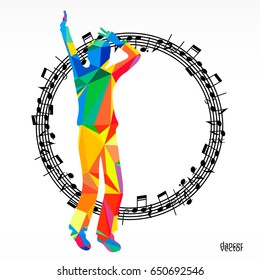 Polygon silhouette dancing human and melody circle, vector music battle party background.