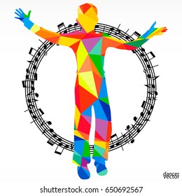 Polygon silhouette dancing human and melody circle, vector music battle party background.