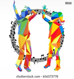 Polygon silhouettes dancing people and melody circle, vector music battle party background.