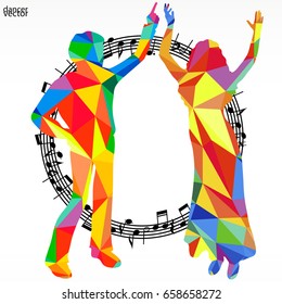Polygon silhouettes dancing people and melody circle, vector music battle party background.