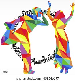 Polygon silhouettes dancing people and melody circle, vector music battle party background.