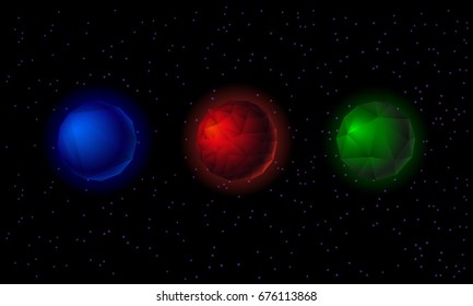 Polygon sphere logo set. Low Poly planets icons on a starry background.
