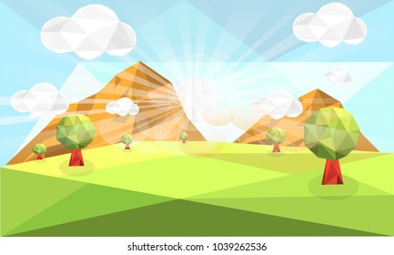 polygon spring green forest landscape, tree and green grass, with sun lighting ray and cloudy blue sky background, low poly effect, vector art and illustration.spring summer scene in morning concept.