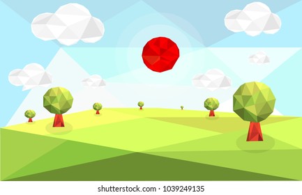 polygon spring landscape art, green grass, green tree with red sun and cloudy blue sky background, spring season forest concept, low poly effect ,vector art and illustration.