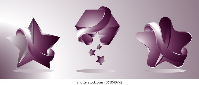 Polygon and Stars. Logo set 3d.  Logo or icon design. Abstract template element. Volume Vector illustration.