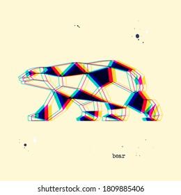 Polygon stereoscopic bear silhouette. Low poly animal. Abstract geometric logo icon. Triangle graphic, origami style, 3D stereo effect. Glitch vector illustration for web design, t-shirt, postcard