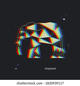 Polygon stereoscopic elephant silhouette. Low poly animal. Abstract geometric logo icon. Triangle graphic, origami style, 3D stereo effect. Glitch vector illustration for web design, t-shirt, postcard