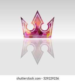 Polygon style crown vector with reflection on a gray table. Royal jewelry symbolizing leadership, premium service and fashion.