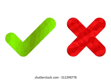 Polygon style green check mark and red cross with rounded edges isolated on white background. Modern geometric design for yes and no answers.