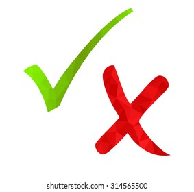 Polygon style green check mark and red cross isolated on white background. Modern geometric design for yes and no answers. Vote signs.