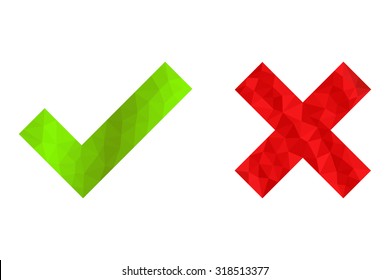 Polygon style green check mark and red cross isolated on white background. Modern geometric design for yes and no answers.