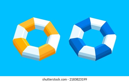 De estilo polígono, dos anillos de baño con fondo azul. Ilustración 3d de los anillos de la piscina azul y naranja.