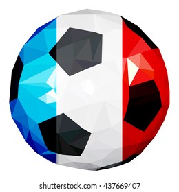 Polygon surround soccer ball painted in the colors of the french flag in the low poly style. For the football championship in France