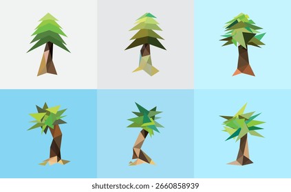 Conjunto de ícones de árvore poligonal, árvores de floresta poli baixa, ilustração de natureza geométrica para ativo de jogo, ambiente, design de interface do usuário, eco gráfico, conceito verde, selva de desenhos animados, design plano, coleção de árvores tropicais.