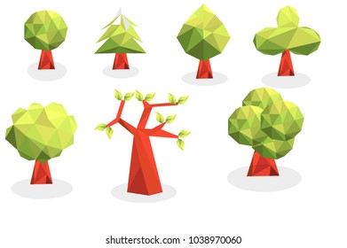 Polygon tree isolated set with white background, forest nature concept, green tree  geometric triangle design, low poly effect , vector art and illustration, spring tree scene.