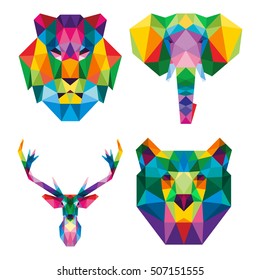 POLYGON TRIANGLE ANIMAL LION ELEPHANT REINDEER BEAR POP ART POLYGONAL LOGO ICON TEMPLATE