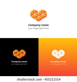 Polygon triangle heart logo, icon, sign, emblem vector template. Abstract symbol and button with yellow-orange color trend gradient for service or company on white, black and gradient background.